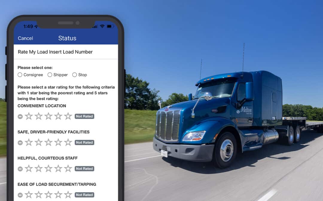 Snapshot of Melton's driver app with flatbed truck in background