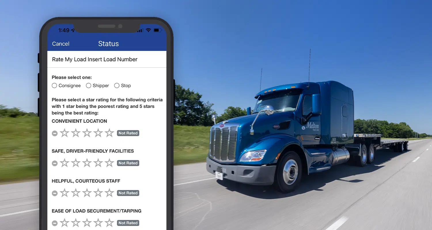 Snapshot of Melton's driver app with flatbed truck in background
