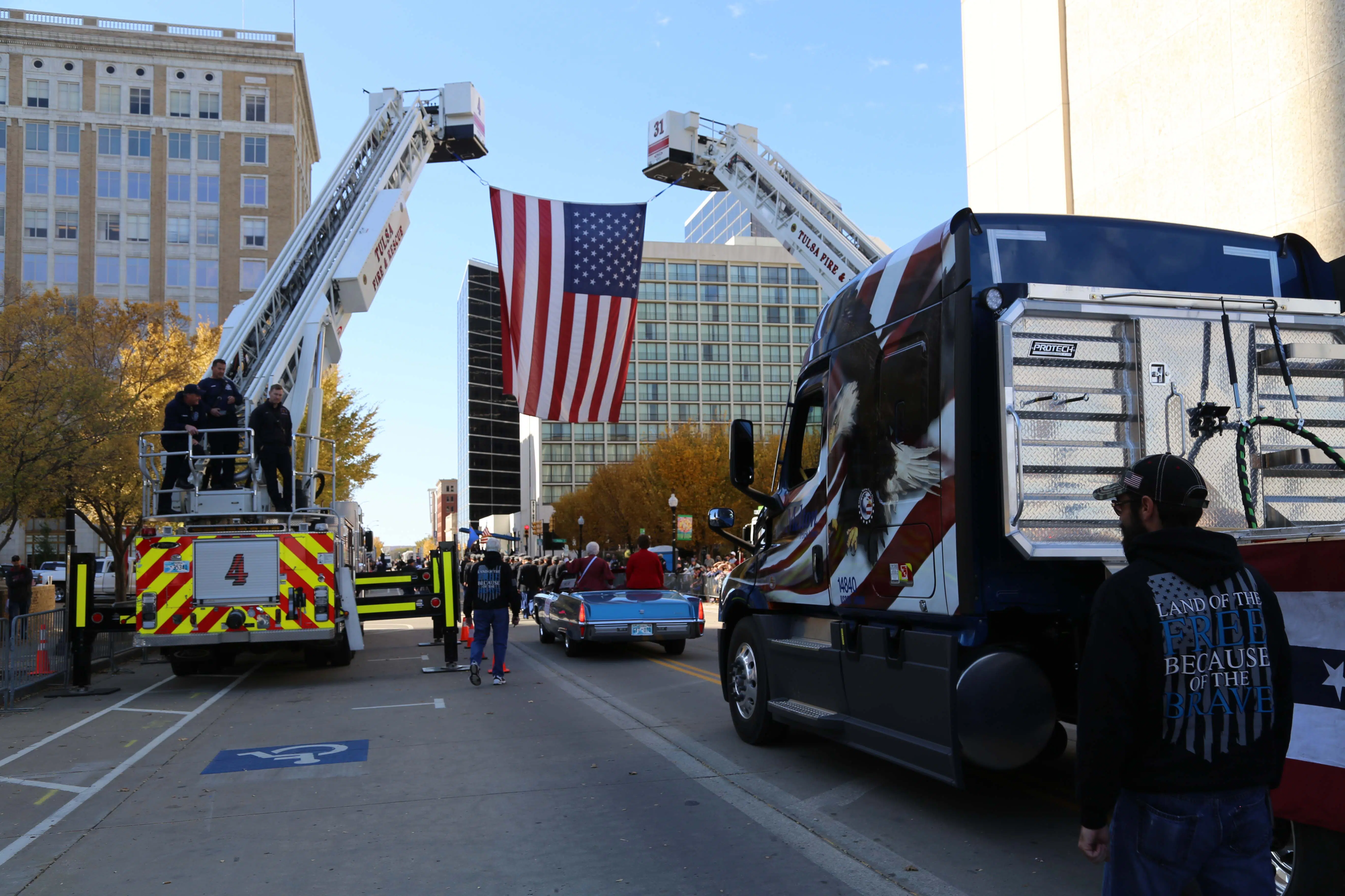 Military Wrapped Melton Flatbed Truck at the Tulsa Veterans Day Parade