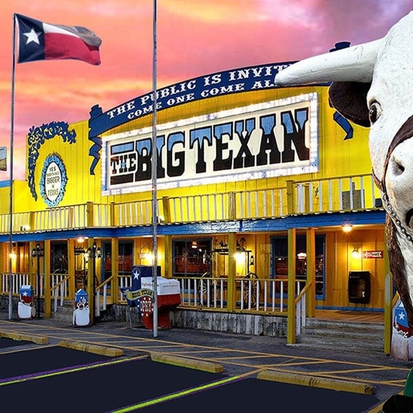 Photo of the front of the Big Texan in Amarillo, TX, one of the best restaurants for truckers.