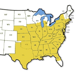 Map highlighting the states covered in Melton's eastern regional fleet