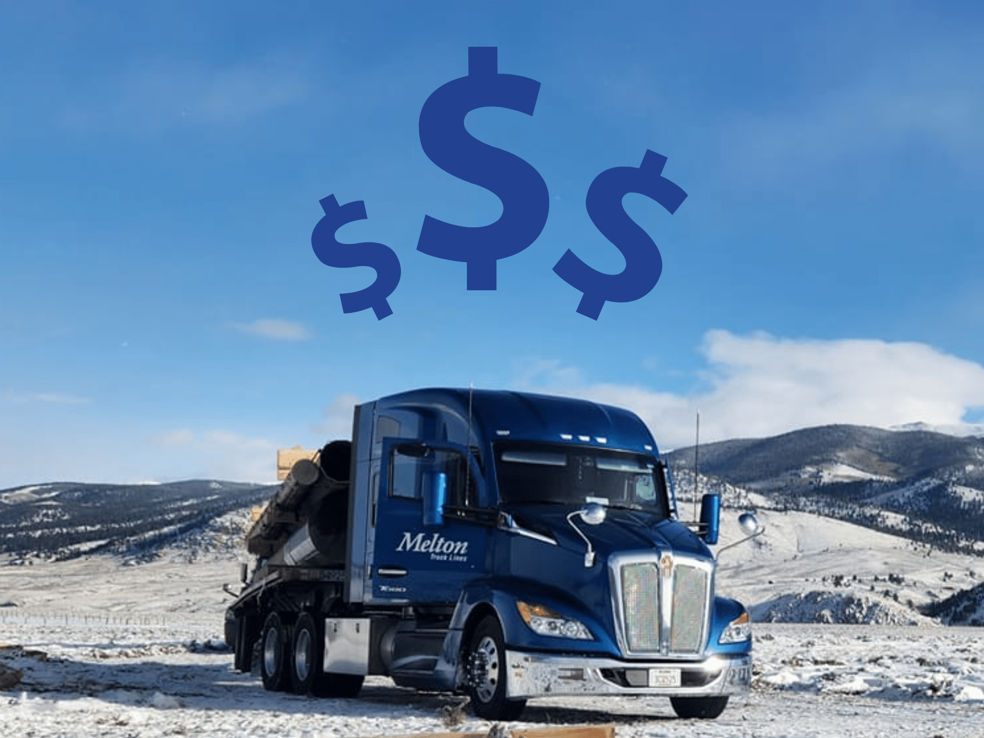 A truck in the mountains with dollar signs introducing layover fee trucking blog.