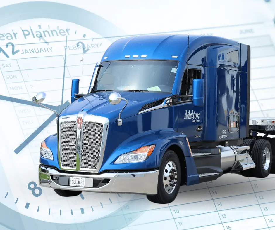 A Melton truck in front of a clock background