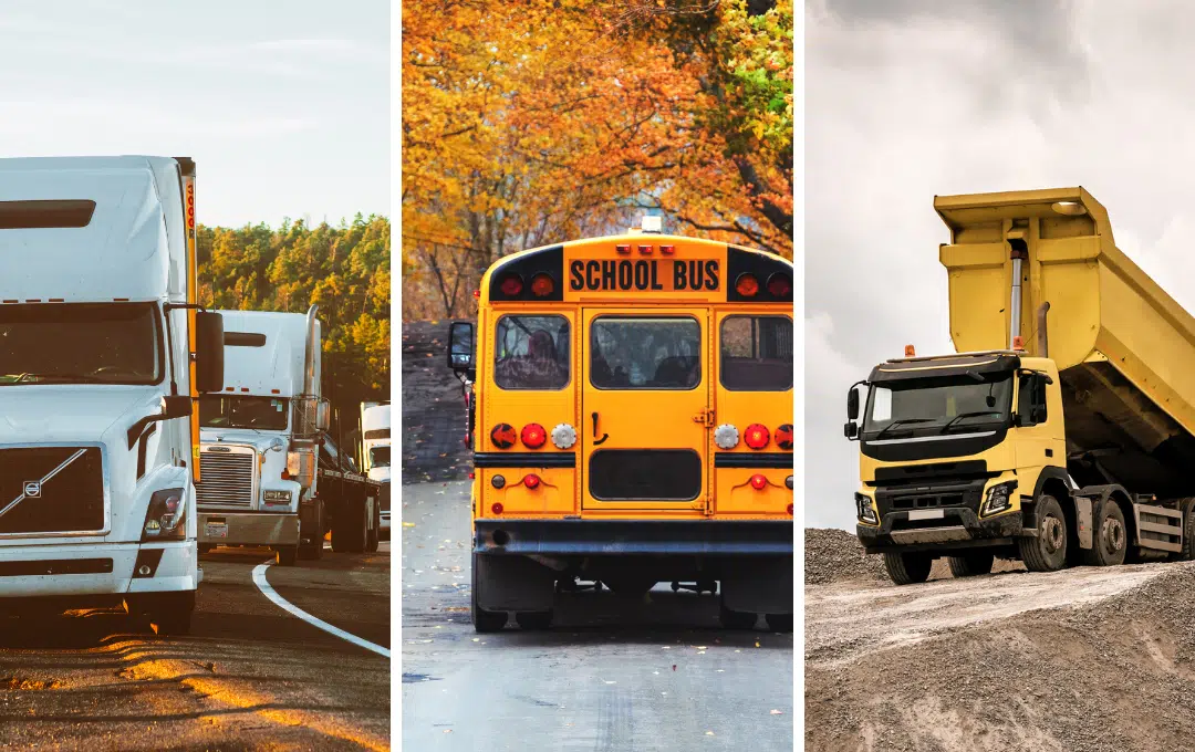 Different vehicles that you can drive with a Class A CDL, a Class B CDL, and a Class C CDL.