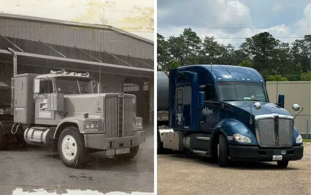 An old Melton truck next to a new Melton truck