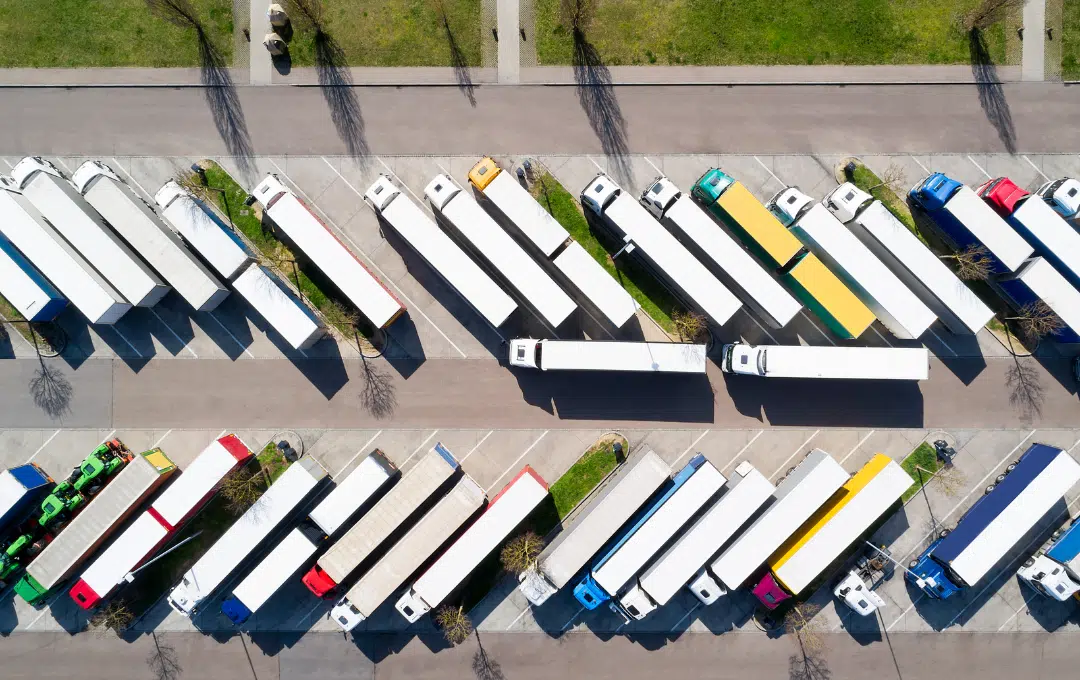 Top down picture of a truck stop parking lot