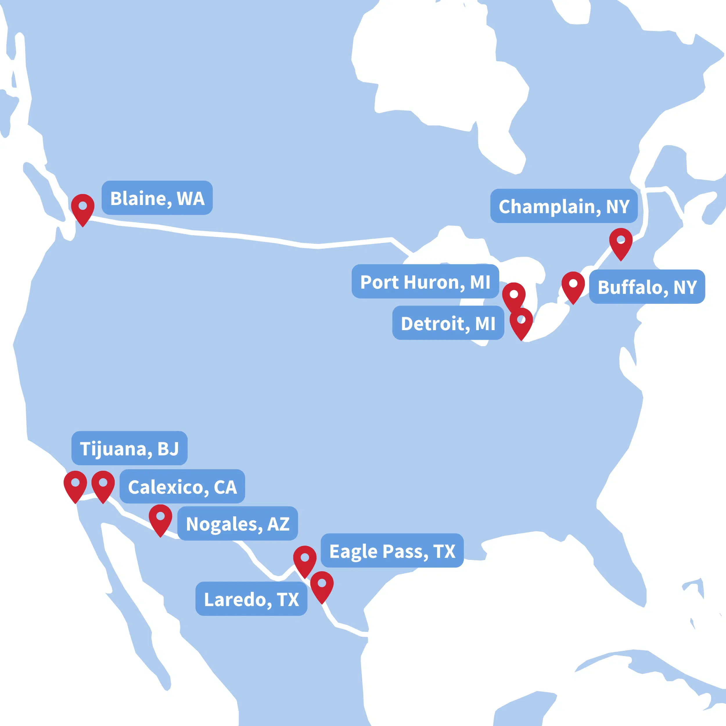 International crossing points labeled on a map