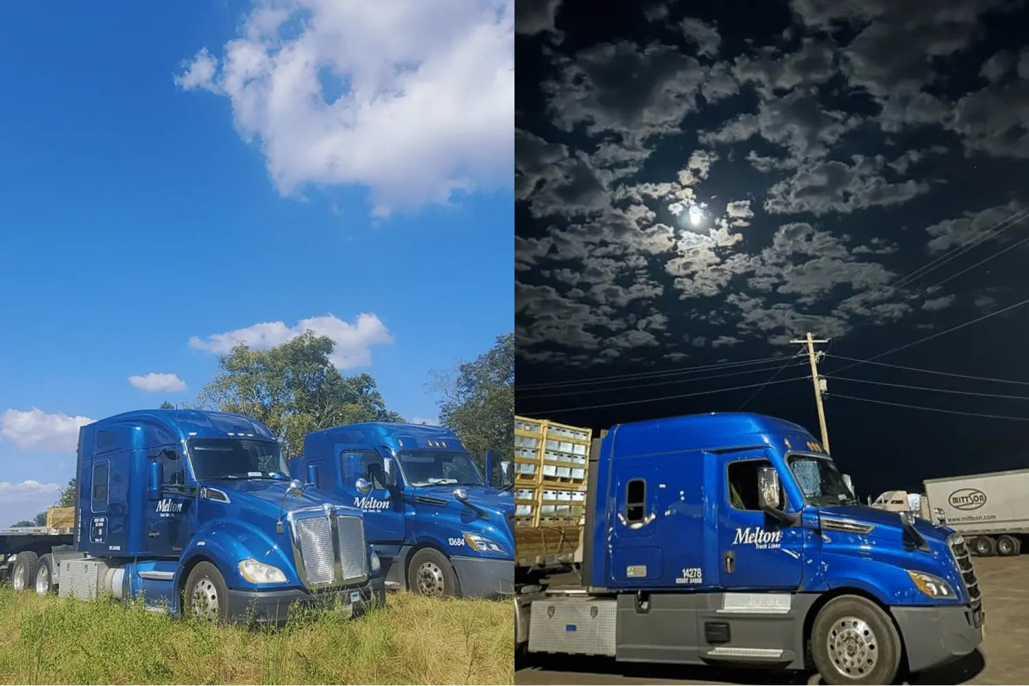 Two Melton trucks side by side, one in the day and one in the night