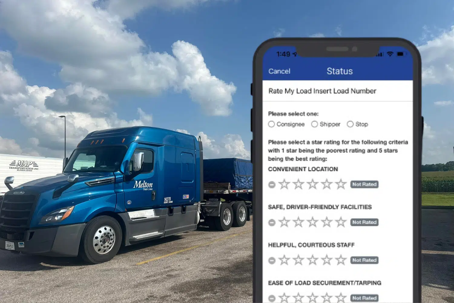 Melton truck with a cell phone with the Rate My Load application