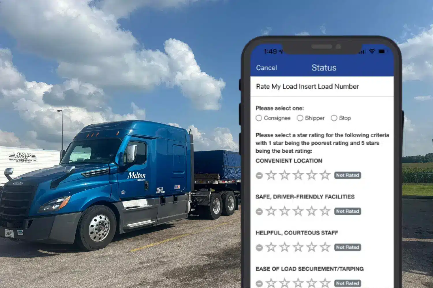 Melton truck with a cell phone with the Rate My Load application