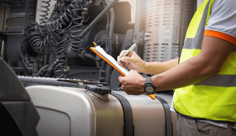 Person in safety vest inspecting a truck