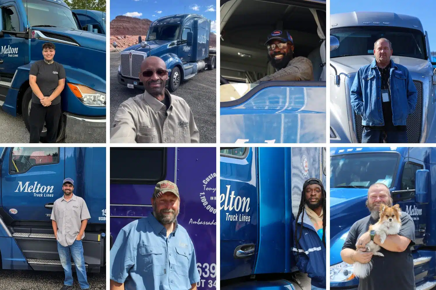 A collage of Melton truck drivers standing by their flatbed trucks