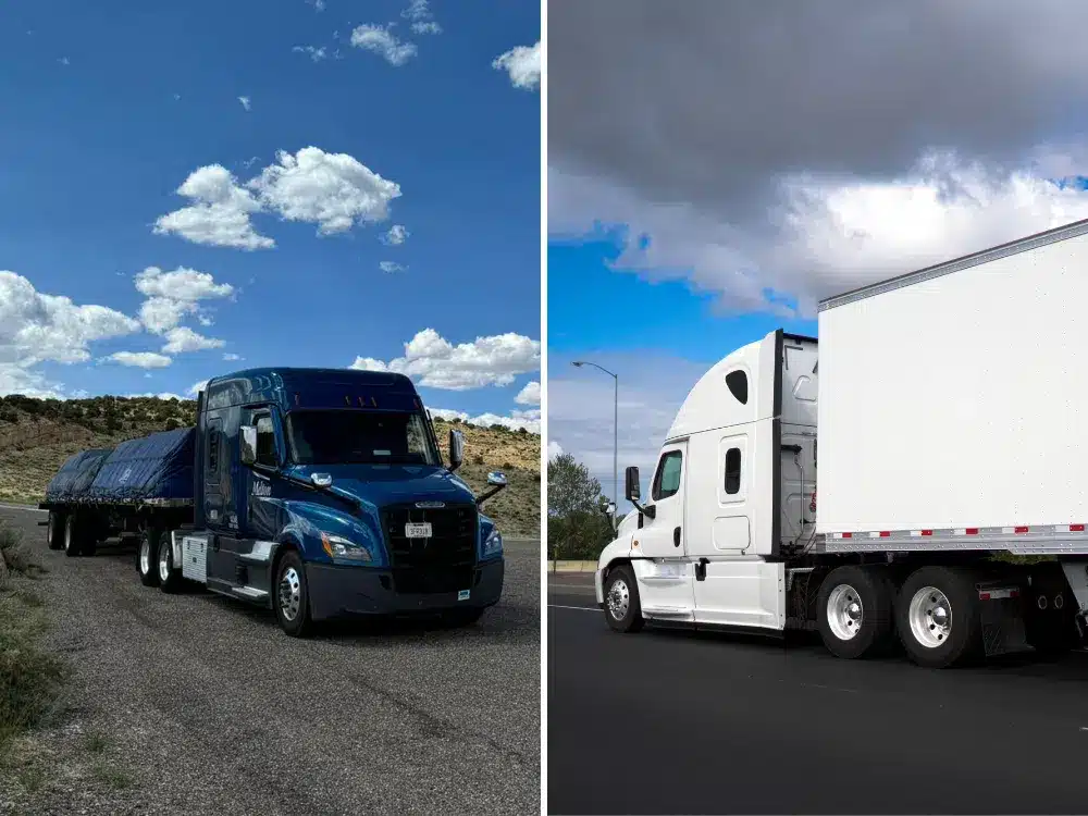 A Melton flatbed truck next to a white dry van semitruck