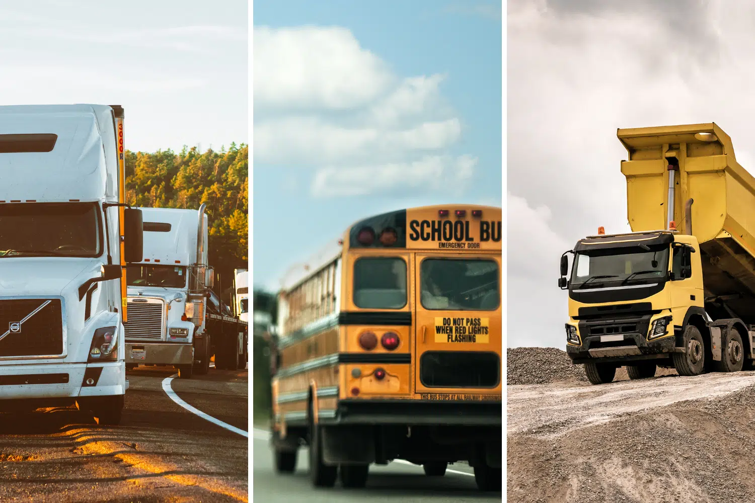 A semi truck, a school bus, and a dump truck